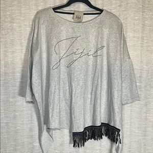 Jijil Light Gray Asymmetric Lagenlook Top with Black Studded Fringe Hem Size 40